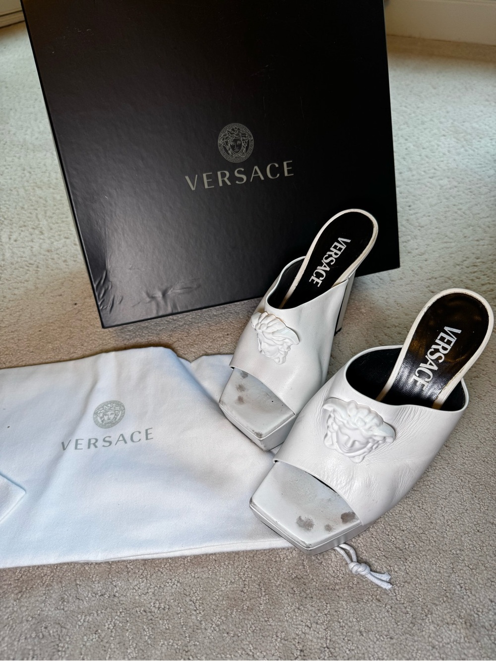 Versace White Leather Medusa Open-Toe Mules Size 6
